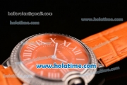 Cartier Ballon Bleu Swiss Quartz Stainless Steel Case with Orange Leather Strap Diamond Bezel and Orange Dial