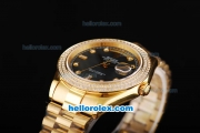 Rolex Day-Date II Automatic Movement Full Gold with Double Row Diamond Bezel-Black MOP Dial and Diamond Markers