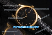 Patek Philippe Calatrava Miyota Quartz Yellow Gold Case with Black Dial and Black Leather Strap Diamonds Markers