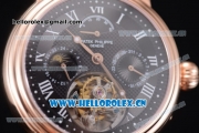 Patek Philippe Grand Complication Swiss Tourbillon Automatic Rose Gold Case with Black Dial Black Leather Strap and Roman Numeral Markers