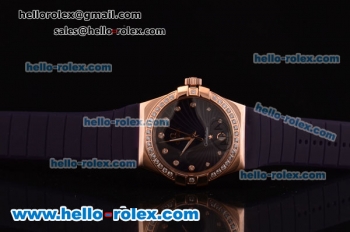 Omega Constellation Swiss ETA Quartz Rose Gold Case with Diamond Bezel and Purple Rubber Strap