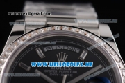 Rolex Day-Date Swiss ETA 2836 Automatic Stainless Steel Case/Bracelet with Black Dial and Stick Markers Diamonds Bezel (BP)