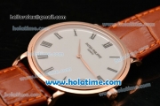 Patek Philippe Calatrava Miyota OS2035 Quartz Rose Gold Case with Roman Numeral Markers White Dial and Brown Leather Strap