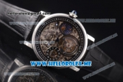 Cartier Ronde De MoonPhase Swiss Tourbillon Manual Winding Steel Case with Skeleton Dial and Black Leather Strap