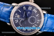 Cartier Rotonde Second Time Zone Day/Night Asia Manual Winding Steel Case with Blue Dial Diamonds Bezel and White Roman Numeral Markers