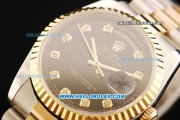 Rolex Day Date Rolex 3156 Automatic Movement Gold Bezel with Black Dial and Diamond Markers - Two Tone Strap