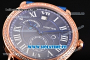 Cartier Rotonde Second Time Zone Day/Night Asia Manual Winding Rose Gold Case with Blue Dial Diamonds Bezel and White Roman Numeral Markers