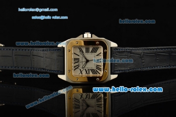 Cartier Santos 100 Medium Swiss Quartz Steel Case Gold Bezel with Black Leather Strap White Dial Roman Markers