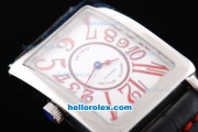 Franck Muller Geneve Long Island Quartz Silver Case with White Dial and Black Leather Starp-Red Marking