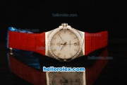 Omega Constellation Swiss ETA Quartz Movement Steel Case with Diamond Bezel and Red Leather Strap