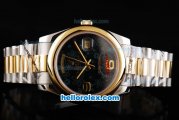 Rolex Day-Date II Oyster Perpetual Automatic Movement Two Tone with Gold Bezel and Flower Pattern Black Dial
