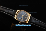 Rolex Datejust Swiss ETA 2836 Automatic Movement Gold Case with Royal Blue Dial and Black Leather Strap
