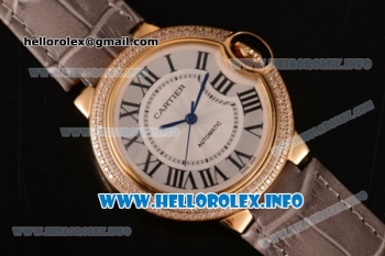 Cartier Ballon Bleu De Medium Asia 4813 Automatic Yellow Gold Case with Sliver Dial Diamonds Bezel and Grey Leather strap