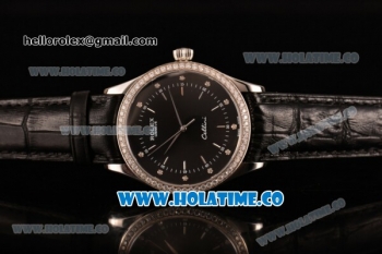Rolex Cellini Asia Automatic Steel Case with Black Dial Stick Markers and Black Leather Strap - Diamonds Bezel (BP)