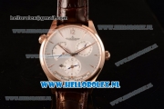 1:1 Jaeger-LECoultre Master Georgraphic Miyota 9015 Automatic Rose Gold Case with Silver Dial Stick Markers and Brown Genuine Leather