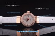 Omega Ladymatic Quartz Rose Gold Case with Diamond Bezel and White Leather Strap-Diamond Markers