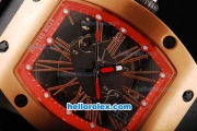 Richard Mille RM 005 Automatic Movement Rose Gold Case with Red Border and Rome Numeral Marker-Black Leather Strap