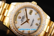 Rolex Day Date II Automatic Movement Full Gold with Diamond Bezel-White MOP Dial and Diamond Markers