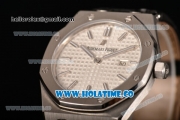 Audemars Piguet Royal Oak Lady Swiss Quartz Steel Case with Black Leather Strap White Dial and Stick Markers