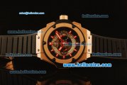 Hublot King Power Swiss Valjoux 7750 Automatic Rose Gold Case with Skeleton Dial and Black Rubber Strap-Red Markers