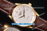 Longines Master Date Swiss ETA 2824 Automatic Yellow Gold Case with White Dial Diamonds Markers and Brown Leather Strap