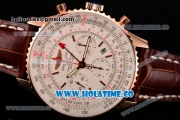 Breitling Navitimer GMT Chrono Swiss Valjoux 7750 Automatic Rose Gold Case with White Dial Stick Markers and Brown Leather Strap