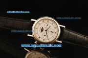 Breguet Moon Phase Lemania Manual Winding Working Chronograph Steel Case with White Dial and Black Leather Strap