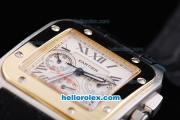 Cartier Santos 100 Quartz Movement Silver Case-Gold Bezel with White Dial-Sapphire Crystal Glass Face and Black Leather Strap