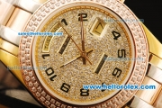 Rolex Day-Date Automatic Movement Gold Case with Diamond Dial and Diamond Bezel-Black Number Marking