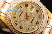 Rolex Day-Date Automatic Movement Gold Case with Diamond Dial and Diamond Bezel-Black Number Marking