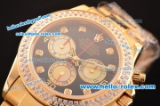 Rolex Daytona Swiss Valjoux 7750-SHG Automatic Gold Case/Strap with Diamond Bezel - Black Dial and Diamond Markers
