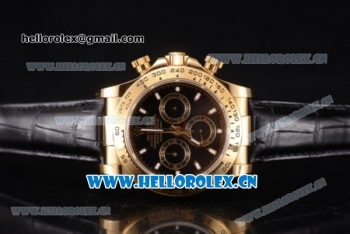 Rolex Cosmograph Daytona Clone Rolex 4130 Automatic Yellow Gold Case with Black Dial Stick Markers and Black Leather Strap (BP)