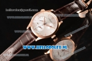 1:1 Jaeger-LECoultre Master Georgraphic Miyota 9015 Automatic Rose Gold Case with Silver Dial Stick Markers and Brown Genuine Leather