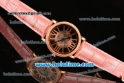 Cartier Rotonde De Swiss Quartz Rose Gold Case with Diamonds Bezel Skeleton Dial and Pink Leather Strap