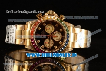 Rolex Cosmograph Daytona Rainbow Diamond Chrono Swiss Valjoux 7750 Automatic Yellow Gold Case Black Dial With Diamonds Markers Yellow Gold Bracelet