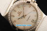 Omega Constellation Quartz Movement Steel Case with Diamond Bezel and White Leather Strap