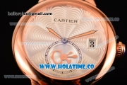 Cartier Rotonde De Swiss Quartz Rose Gold Case with Black Leather Strap with White Guilloche Dial