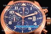 IWC Pilot's Watch Chrono Swiss Valjoux 7750 Automatic Rose Gold Case with Blue Dial Brown Leather Strap and Arabic Numeral Markers