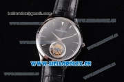 Jaeger-LECoultre Master Ultra Thin Tourbillon Swiss Tourbillon Manual Winding Steel Case with Black MOP Dial Stick Markers and Black Leather Strap