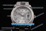 Rolex Day-Date Swiss ETA 2836 Automatic Stainless Steel Case/Bracelet with Silver Dial and Stick Markers Diamonds Bezel (BP)