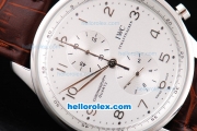 IWC Portugieser Chronograph Quartz Movement Silver Case with Number Markers-White Dial and Brown Leather Strap