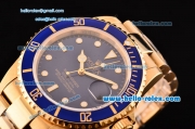 Rolex Submariner Asia 2813 Automatic Yellow Gold Case/Strap with Blue Dial Super LumiNova Markers and Blue Bezel - ETA Coating