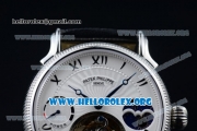 Patek Philippe Grand Complication Swiss Tourbillon Manual Winding Steel Case with White Dial Roman Numeral Markers and Black Leather Strap