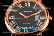 Cartier Rotonde De Miyota Quartz Steel Case with Roman Numeral Markers White Dial and Black Leather Strap