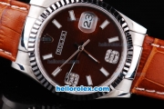 Rolex Datejust Automatic with Dark Red Dial and White Bezel and Case-Diamond Marking-Small Calendar-Brown Leather Strap
