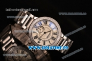 Cartier Rotonde De Miyota Quartz Steel Case/Bracelet with White Dial Diamonds Bezel and Black Roman Numeral Markers