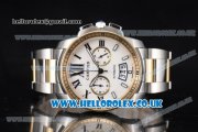 Cartier Calibre de Cartier Chronograph Miyota OS20 Quartz Steel Case with White Dial Two Tone Bracelet and Yellow Gold Bezel