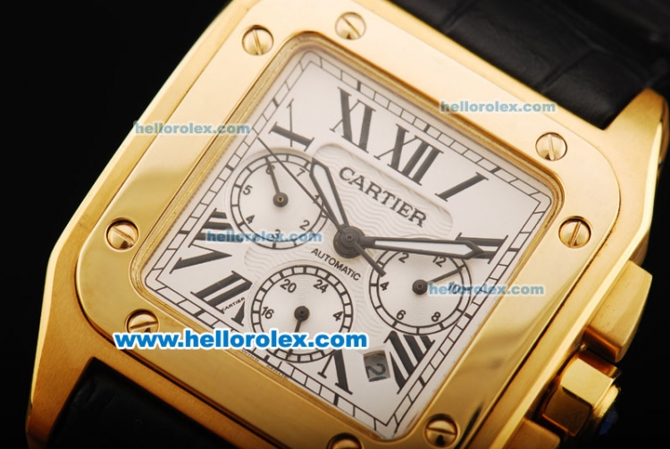 Cartier Santos 100 Automatic Movement Gold Case with Gold Bezel and Black Leather Strap - Click Image to Close