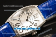 Franck Muller CINTREE CURVEX Diamond Bezel With Blue Calfskin Strap Swiss Ronda 762 Quartz White Dial