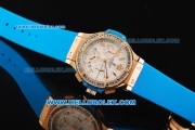 Hublot Big Bang Chronograph Swiss Quartz Movement Rose Gold Case with Diamond Bezel and Blue Rubber Strap-Lady Model